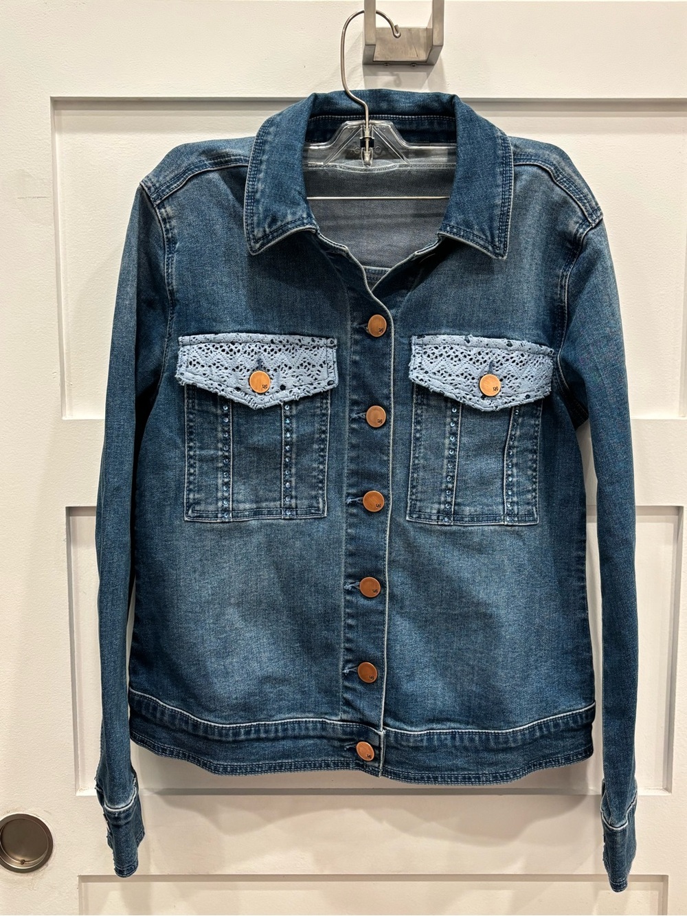 DG2 by Diane Gilman Blue Denim Jacket with Light Blue Crochet Trim